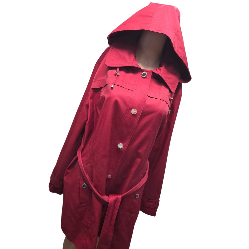 London Fog Trench Coat Womens 1X Red Hooded Snap Button Rain Jacket Outerwear